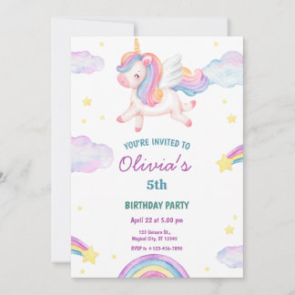 Convites Magical Fairytale Unicorn Rainbow Clouds