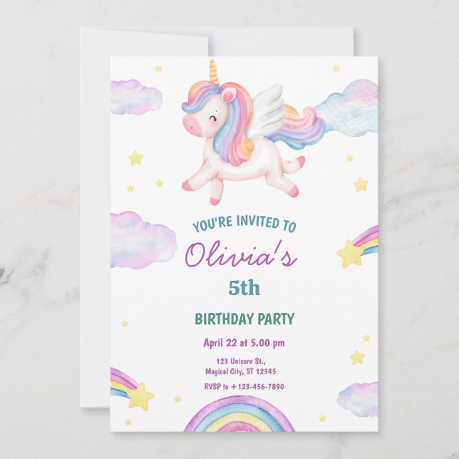 Convites Magical Fairytale Unicorn Rainbow Clouds (Frente)