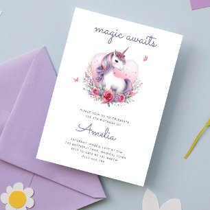 Convites Magical Floral Unicorn Girlie Festa de aniversário