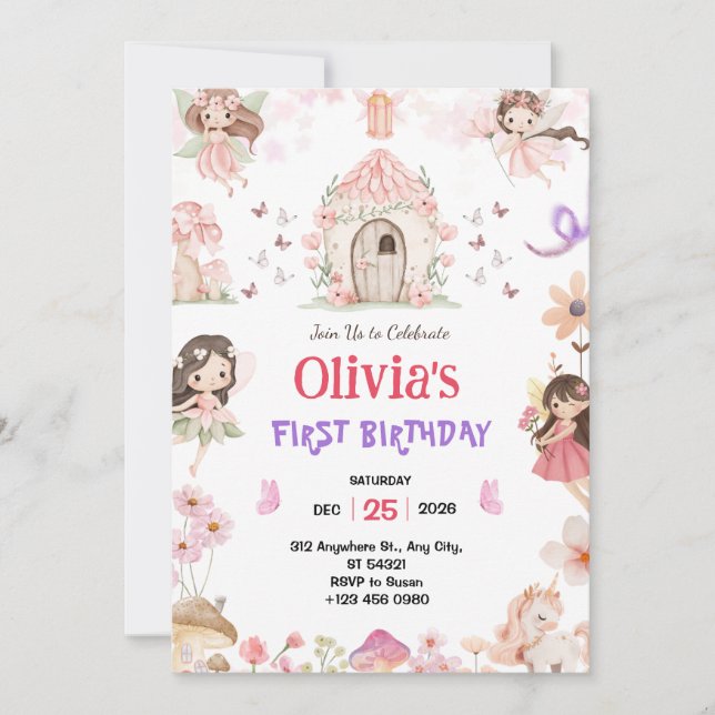 Convites Magical Girls Fairy 1st Birthday Invitation (Frente)