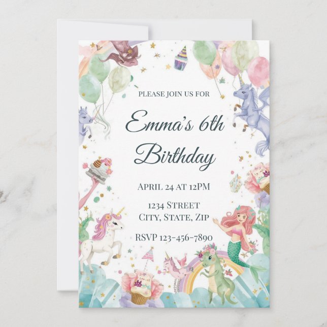 Convites Magical Mermaids Unicorns Rainbows Kids Birthday (Frente)