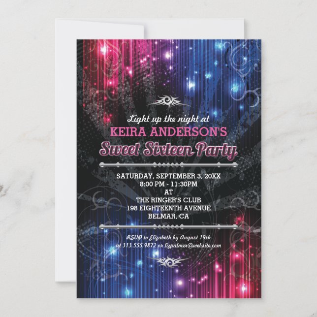 Convites Magical Neon Glow Lights Sweet 16 Party (Frente)