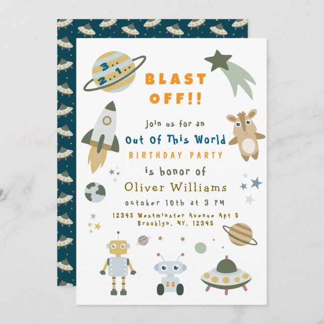 Convites Magical Personalized Space Birthday Party Invite (Frente/Verso)