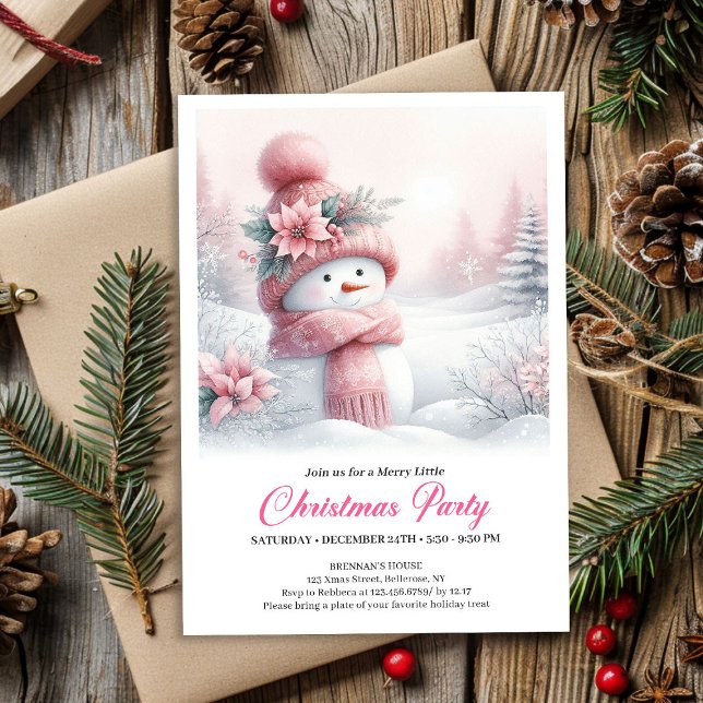 Convites Magical Pink Snowman Editable Kids Christmas Party (Magical Pink Snowman Editable Kids Christmas Party Invite)