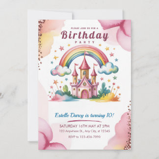 Convites Magical Rainbow Castle 10th Birthday Invitation