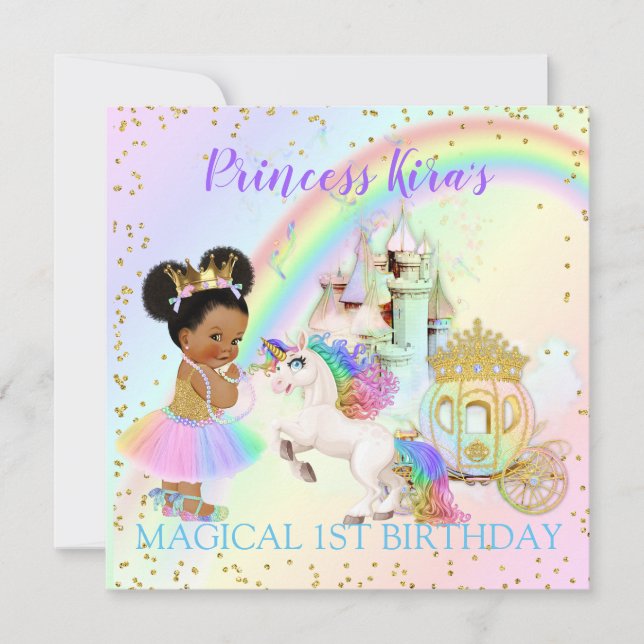 Convites Magical Rainbow Princess Castle Carruagem Unicorn (Frente)