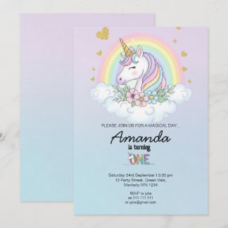 Convites Magical Rainbow Unicorn 1st Birthday Invitation