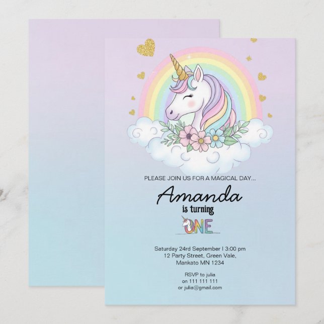 Convites Magical Rainbow Unicorn 1st Birthday Invitation (Frente/Verso)