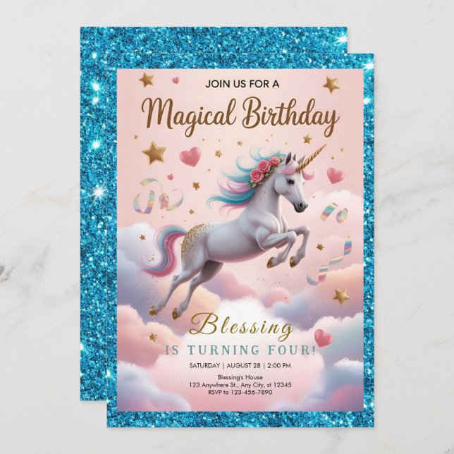Convites Magical Rainbow Unicorn 4th Birthday (Frente/Verso)