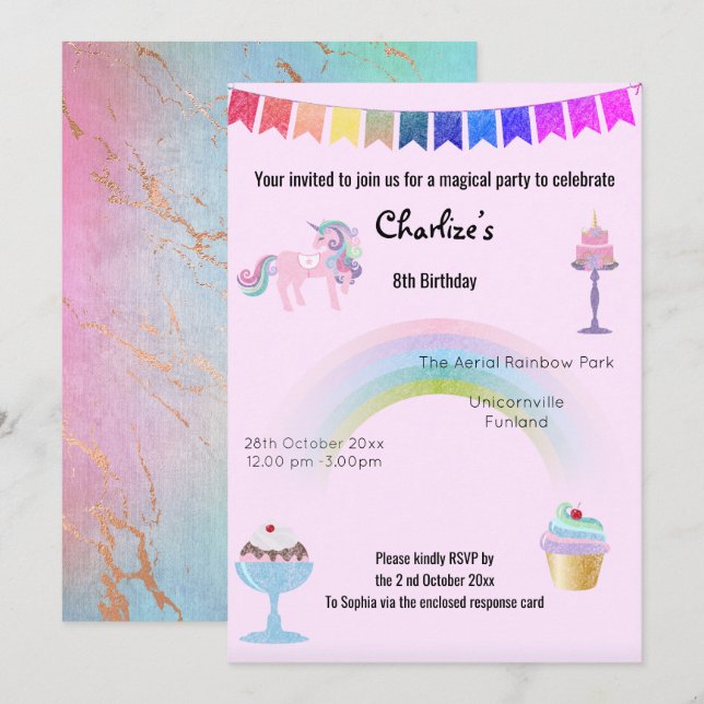 Convites Magical Rainbow Unicorn Sweets Birthday Pink (Frente/Verso)