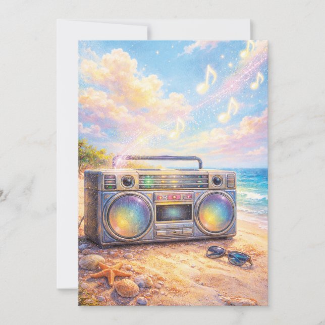 Convites Magical Retro Boombox Playing Music On Beach (Frente)