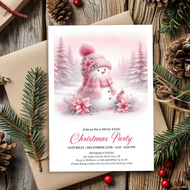 Convites Magical Snowy Pink Coquette Snowman Editable Kids  (Magical Snowy Pink Coquette Snowman Editable Kids Invite)