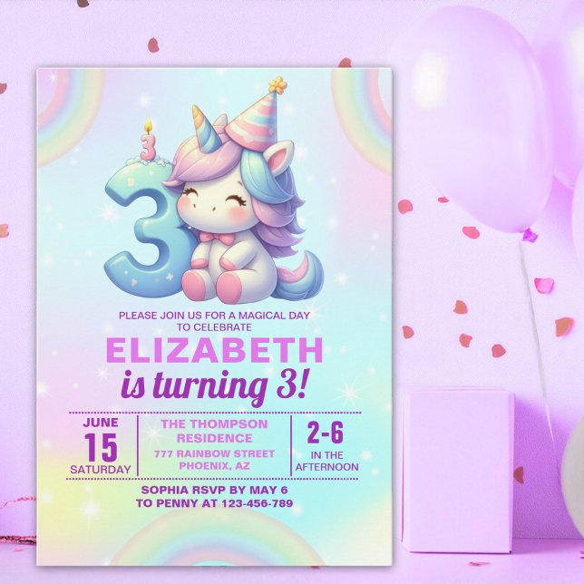 Convites Magical Unicorn 3rd Birthday Invitation – Rainbow  (Criador carregado)
