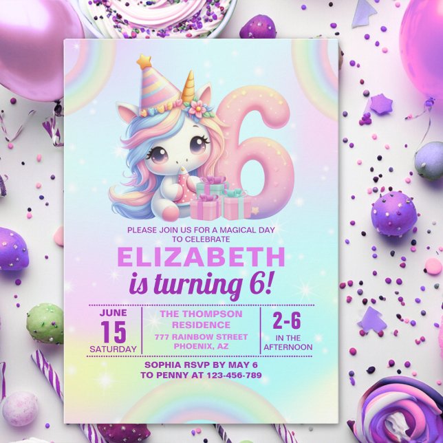 Convites Magical Unicorn 6th Birthday – Rainbow (Criador carregado)
