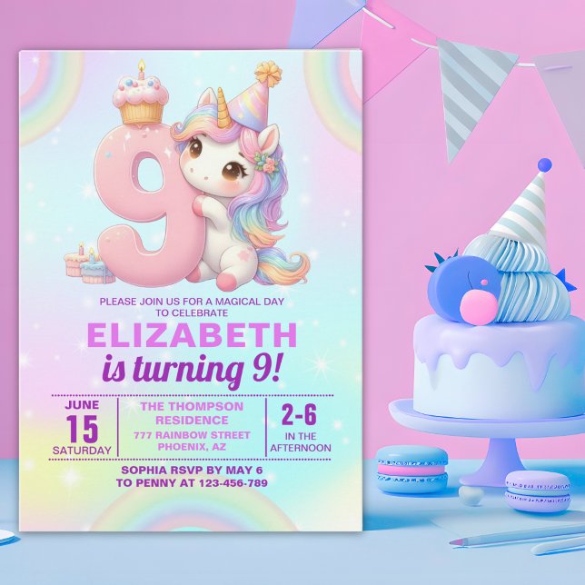 Convites Magical Unicorn 9th Birthday for Girls (Criador carregado)