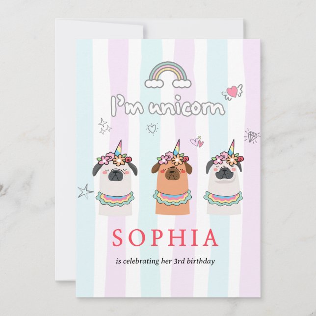 Convites Magical Unicorn Pug Birthday Invitation (Frente)