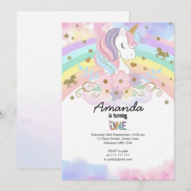 Convites Magical Unicorn Rainbow 1st Birthday Invitation (Frente/Verso)