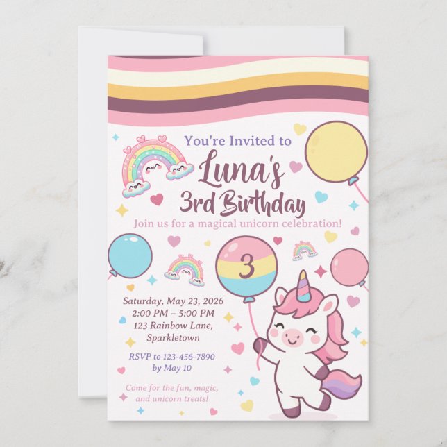 Convites Magical Unicorn & Rainbow Girl Third Birthday  (Frente)