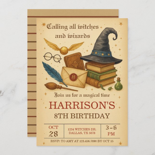 Convites Magical Wizard and Witches Birthday (Frente/Verso)