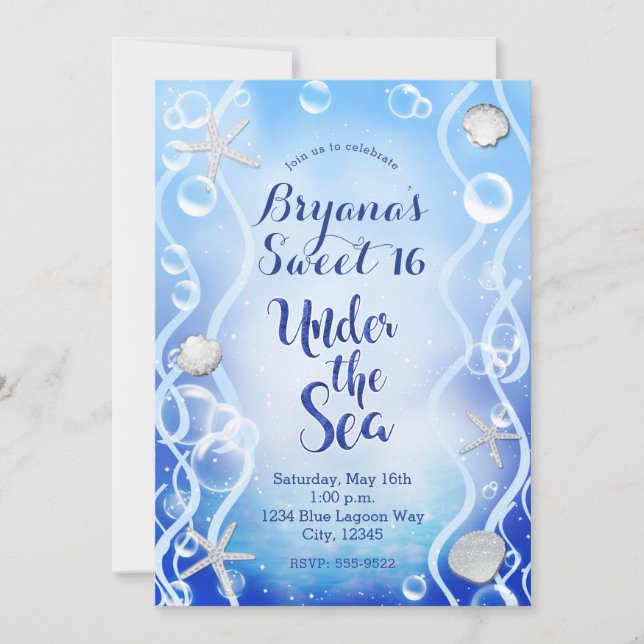Convites Mágico Sob O Mar Azul Fade Doce 16 Aniversário (Frente)