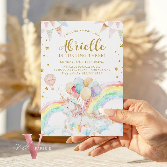 Convites Mágico Unicórnio Pastel Rainbow Dourado Glitter Bd (Criador carregado)