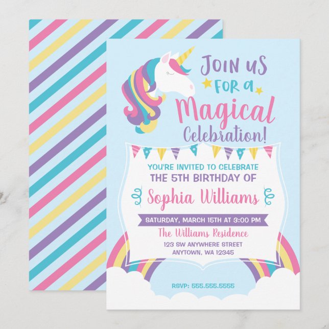 Convites mágicos do aniversário do unicórnio da (Frente/Verso)