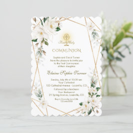 Convites Magnésia Branca Elegante Primeira Comunhão Dourada