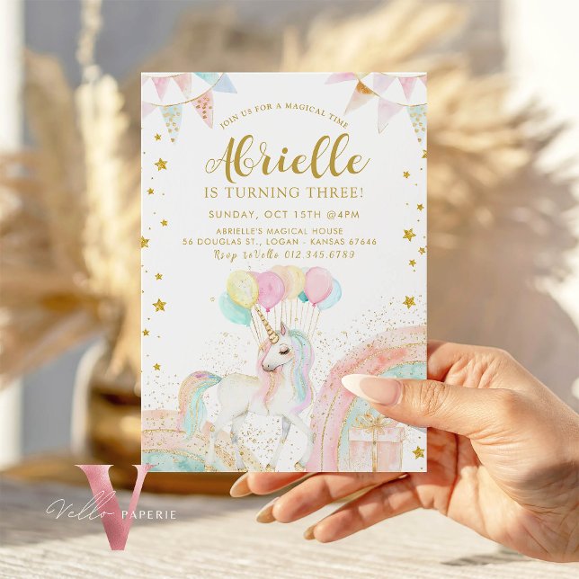 Convites Magnética do Unicórnio Arco-Íris Pastel Dourado Gl (Criador carregado)