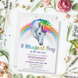Convites Magnética Unicorn Rainbow Glitter Watercolor