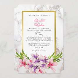 Convites Magnias rosa e roxas num Casamento Marble Back