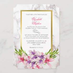 Convites Magnias rosa e roxas num Casamento Marble Back