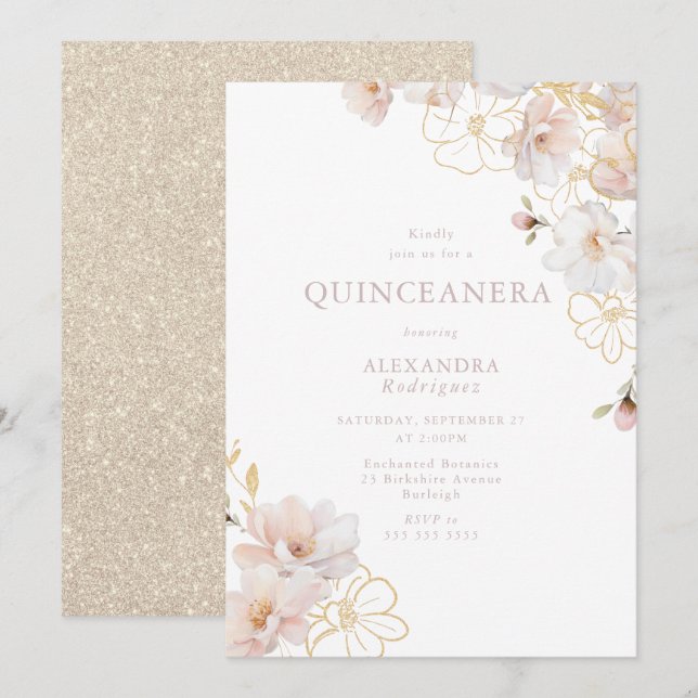 Convites Magnífico Blush e Dourada Quinceanera Encantada (Frente/Verso)