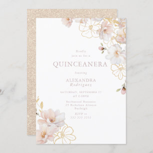 Convites Magnífico Blush e Dourada Quinceanera Encantada