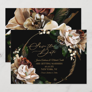 Convites Magnolia Black Dourada Wreath Floral Salvar Data e