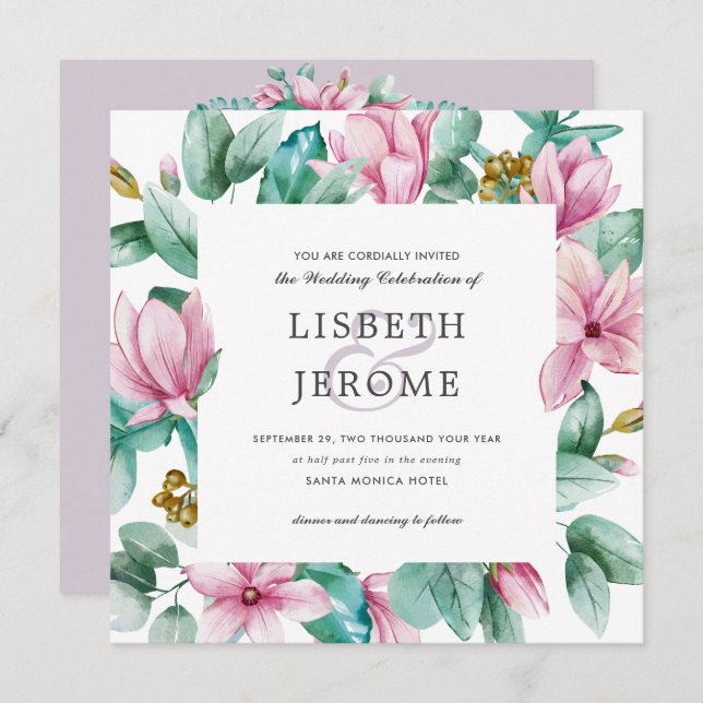 Convites Magnolia Bloom | Todos num casamento botânico (Frente/Verso)