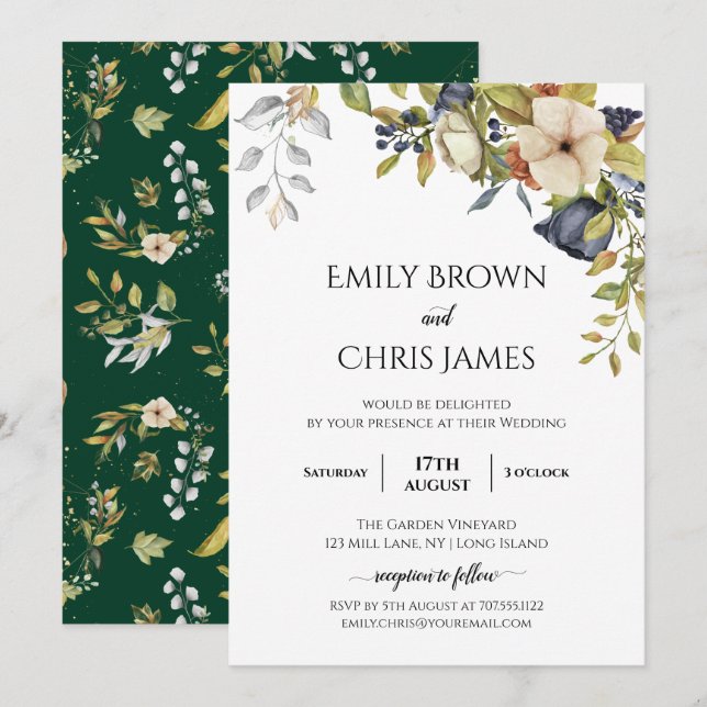 Convites Magnolia Blossomas | Elegante Violet Floral Greene (Frente/Verso)
