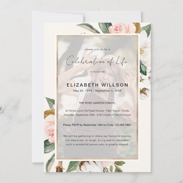 Convites Magnolia Celebração Floral da Vida Foto Funeral (Frente)