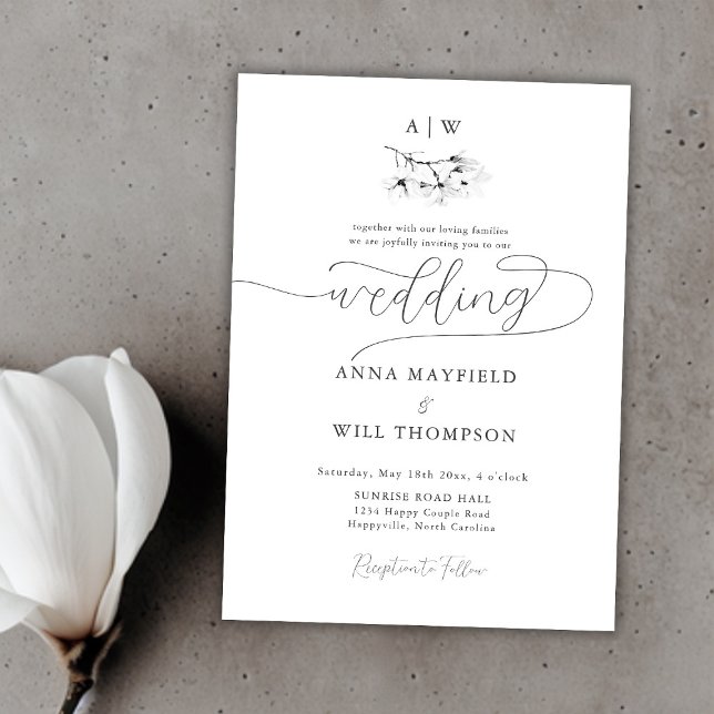 Convites Magnolia Crest Casamento da Caligrafia Moderna Ele (Classic Magnolia Wedding Crest Black White Elegant Invitation)
