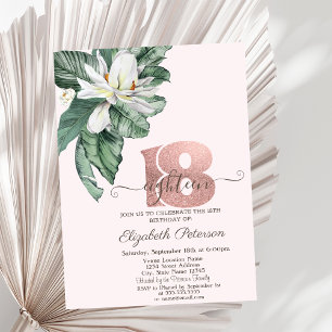 Convites Magnólia de Folhas Tropicais Rosa Aniversário de 1