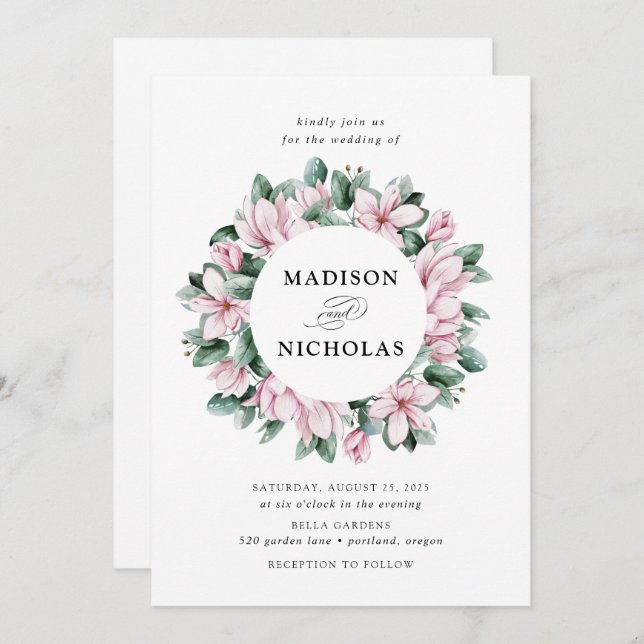 Convites Magnolia e Eucalyptus | Floral Wreath Wedding (Frente/Verso)