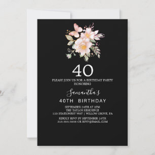 Convites Magnólia Elegante 40º Aniversário Preto e Branco