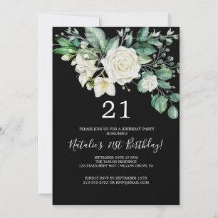 Convites Magnólia Elegante Aniversário de 21 anos Preto e