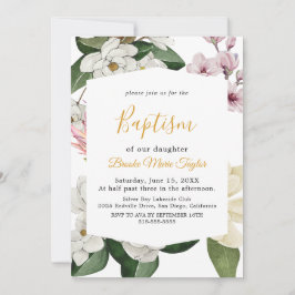 Convites Magnólia Elegante | Batismo Branco e Blush 