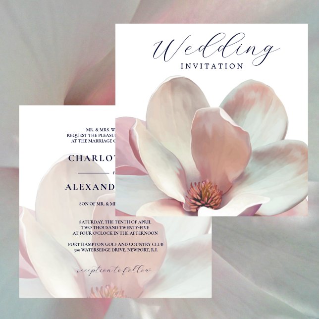 Convites Magnolia Elegante, Casamento Rosa e Branco (Elegant Magnolia Pink and White Wedding Invitation 1)