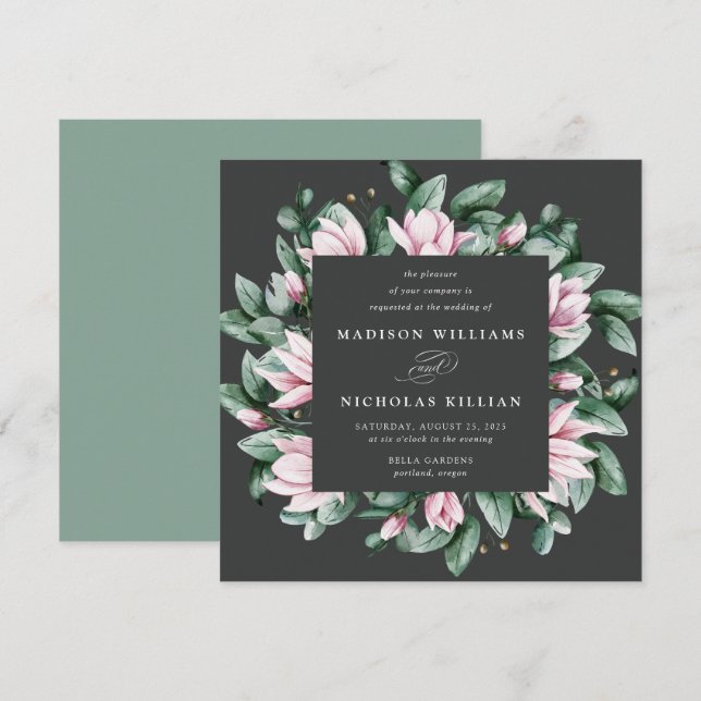 Convites Magnólia & Eucalipto | Casamento Quadrado (Frente/Verso)