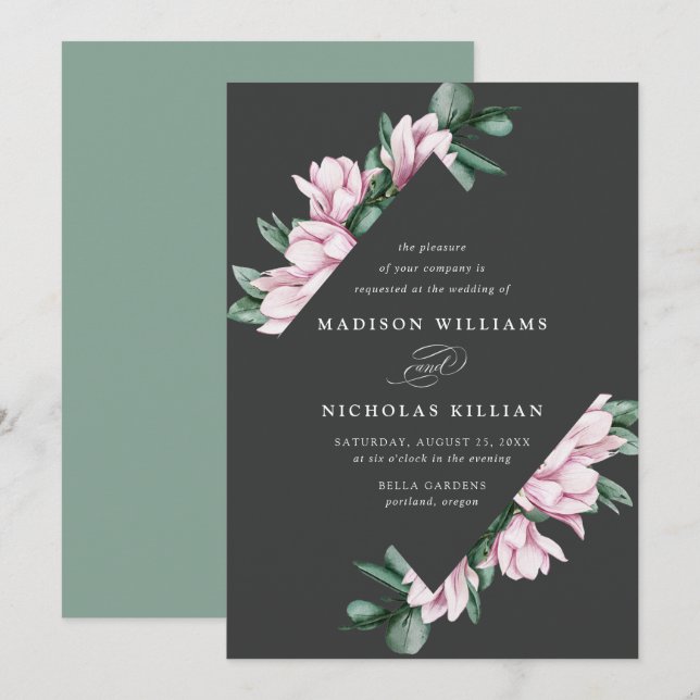 Convites Magnólia & Eucalipto | Quadro Floral de Casamento (Frente/Verso)