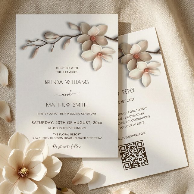 Convites Magnólia Flor 3D Branco de Marfim Casamento Minima (Criador carregado)