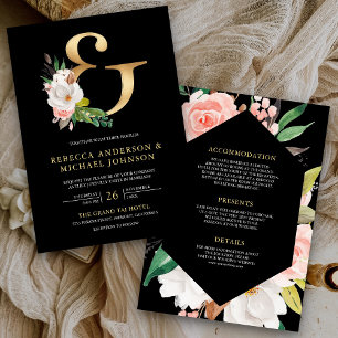 Convites Magnolia Floral Dourada Ampersand Black Weding