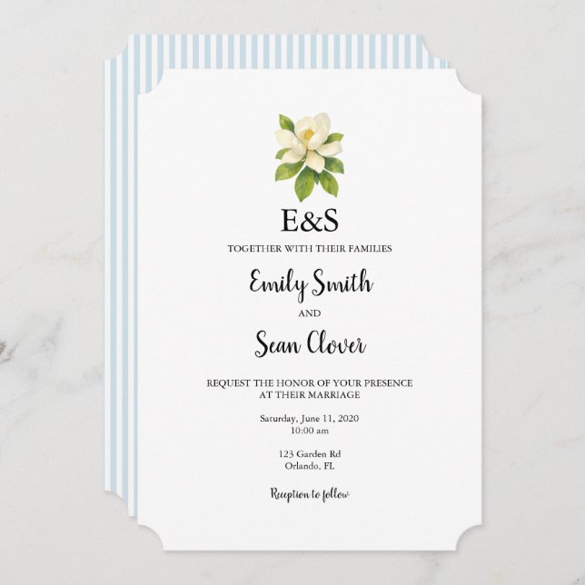 Convites Magnolia Flower Wedding Monogram Blue Stripe (Frente/Verso)