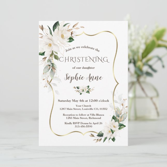 Convites Magnolia Flowers Airy Greenery Dourado Christening (Em pé/Frente)
